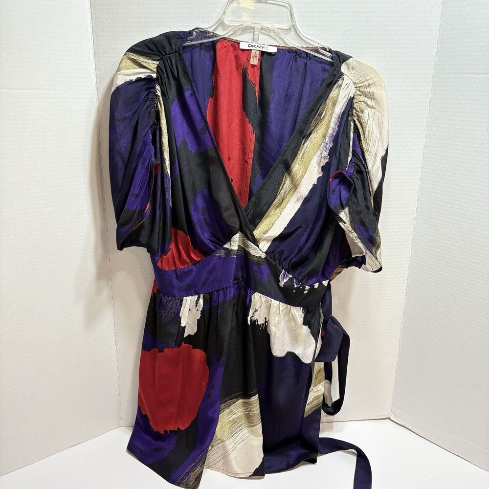 Vintage DKNY 100% Silk Wrap Dress Abstract Size 8 Y2K  Puffy Sleeve
